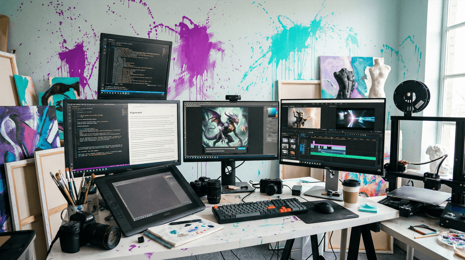 Laboratorio di innovazione Immagine di uno studio tecnologico e artistico che suggerisce la competenza e la creatività dello Studio IA di LabSense. Immagine generata dall'IA. Si vedono scrivanie, tavolette grafiche, statue, macchie di vernice, ecc.